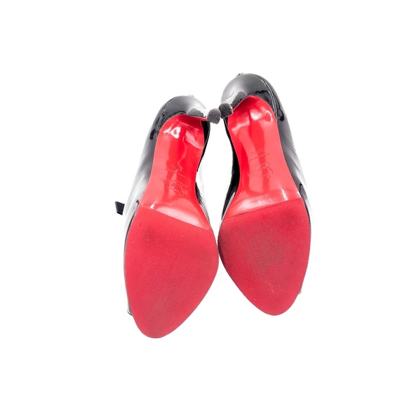 Christian Louboutin Black Patent Leather Bow Open Toe Booties Heels EU 37.5 - Picture 6 of 8
